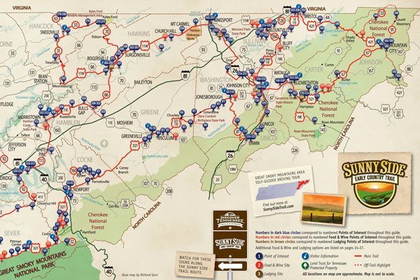 A map of the Sunny Side Trail in the Smoky Mountain region of Tennessee.