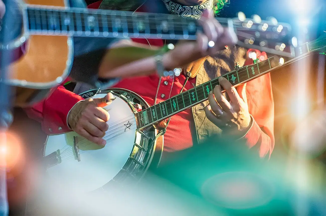 A bluegrass concert with a guitarist and a banjo player.
